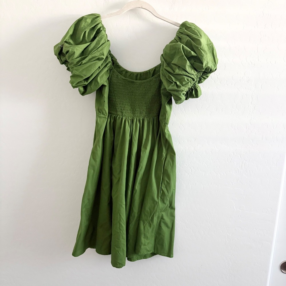 Abercrombie & Fitch Green Poplin Puff Sleeve Mini Dress Smocked Back Pockets MT - Picture 8 of 8